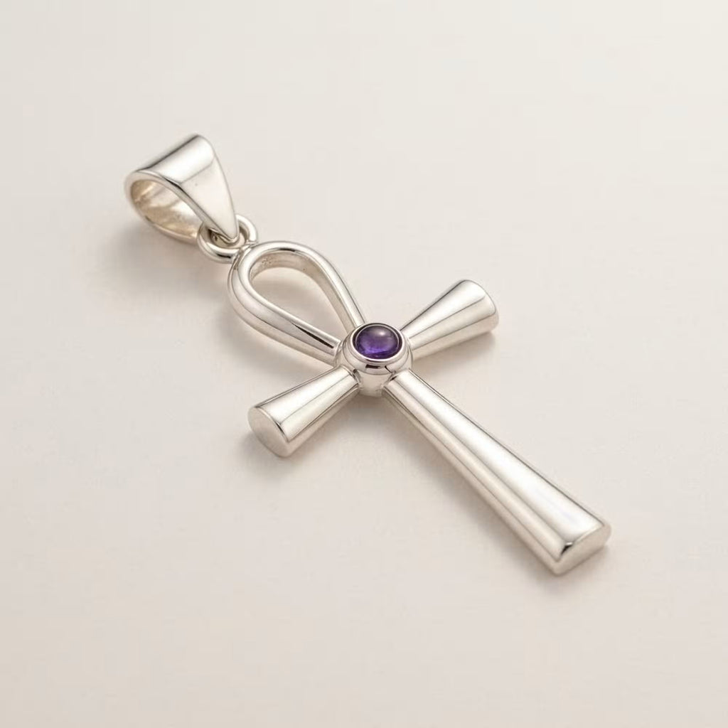 Ankh symbol pendant necklace, silver plated spiritual jewellery, side view