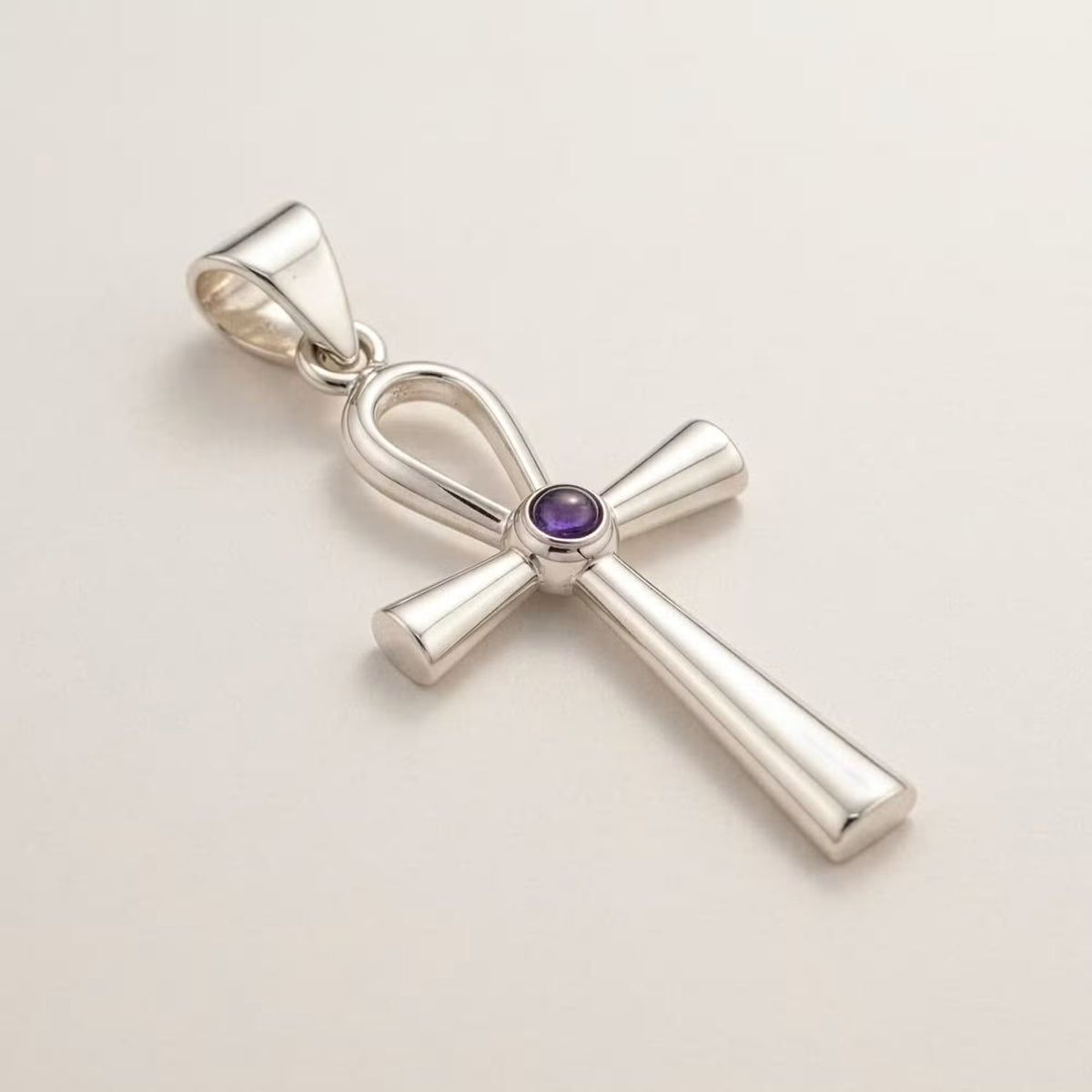 Ankh symbol pendant necklace, silver plated spiritual jewellery, side view