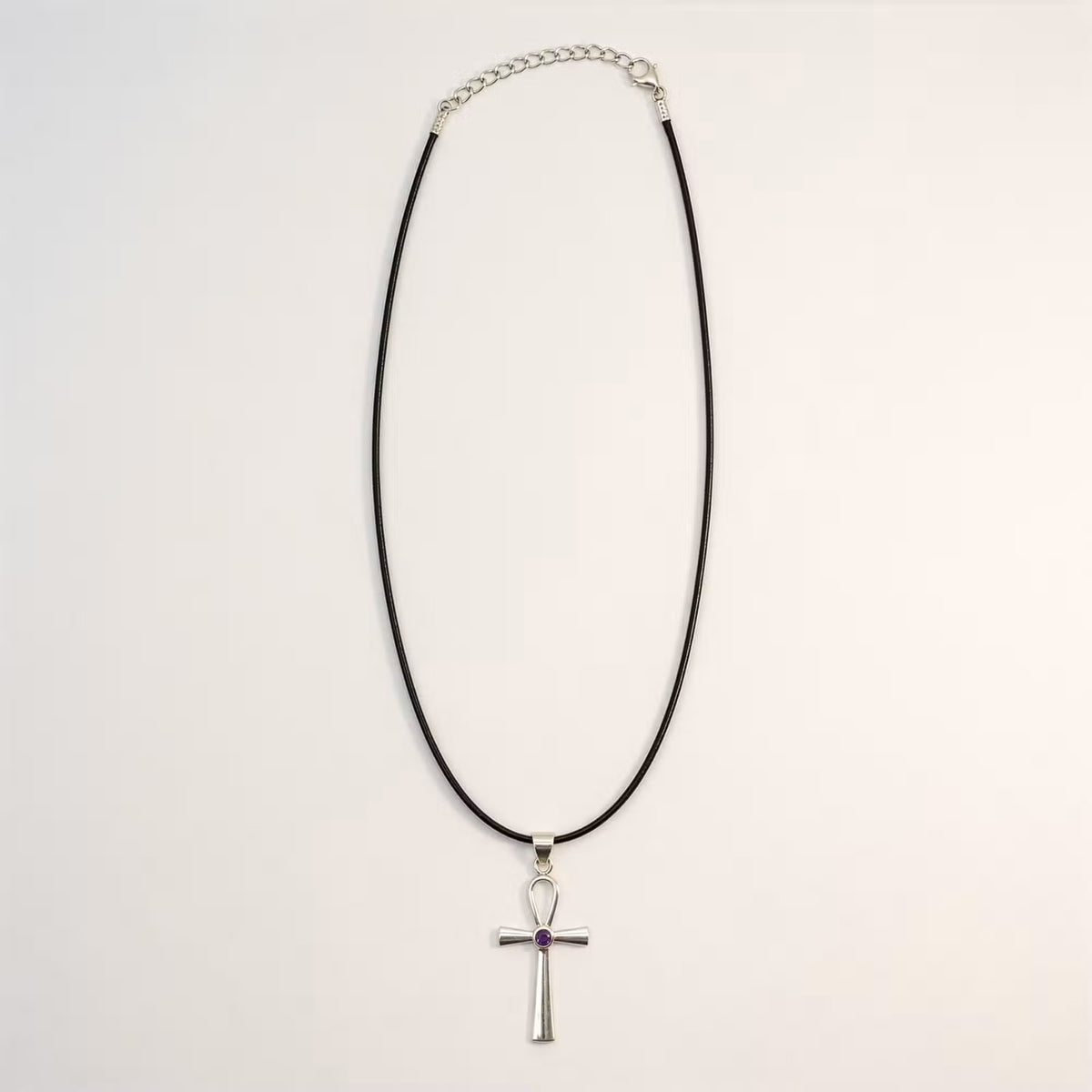 Silver plated Ankh pendant with gemstone on 45cm cord, Egyptian symbol of eternal life