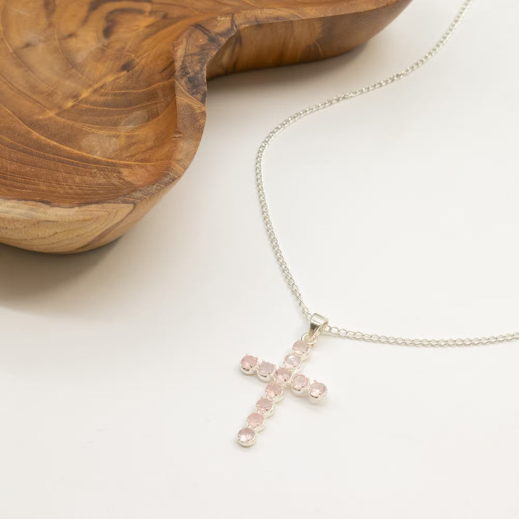 Rose quartz crucifix pendant necklace, silver plated on 45cm chain, spiritual gemstone jewellery