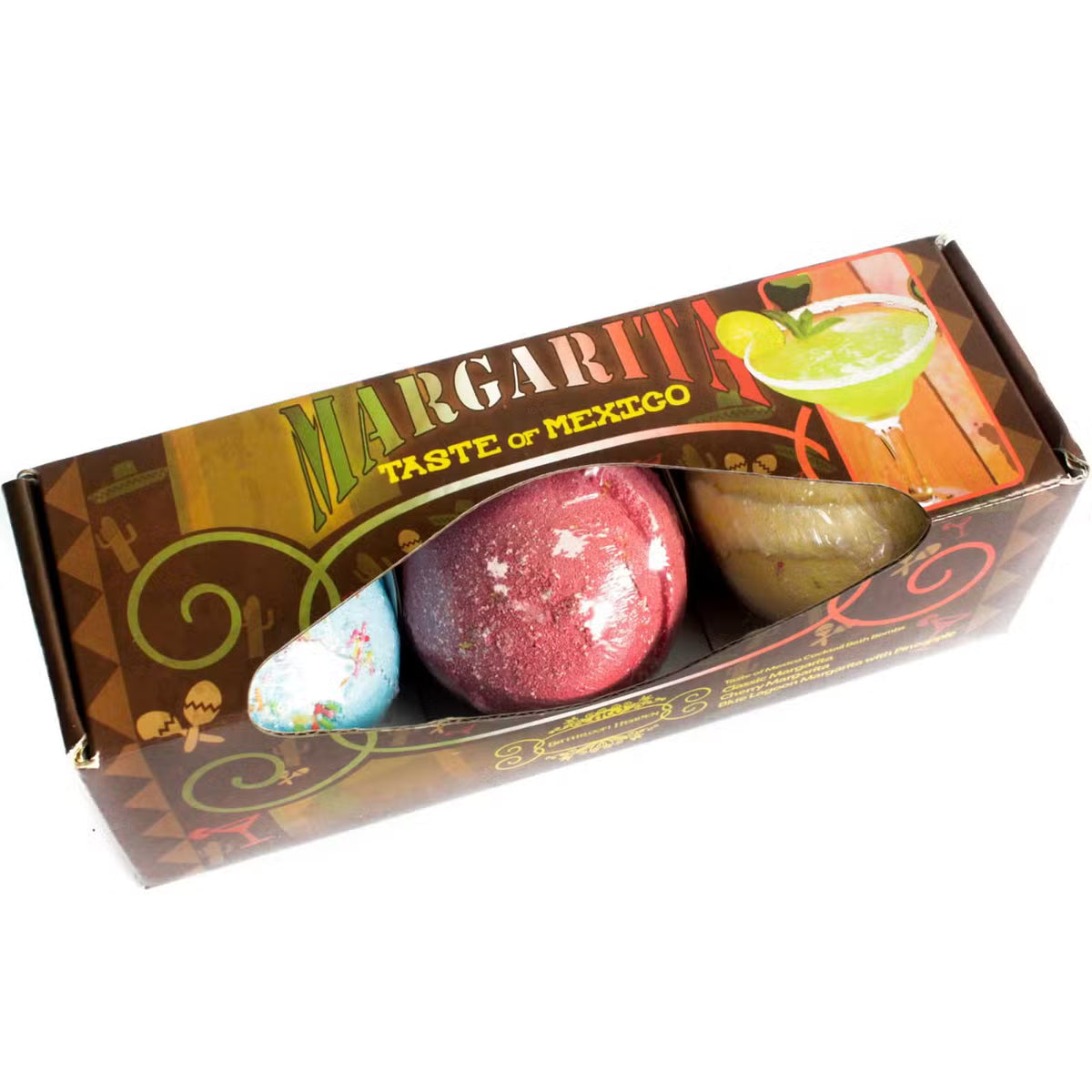 Margarita cocktail bath bomb set of three in brown Taste of Mexico gift box showing pink yellow and blue bath bombs