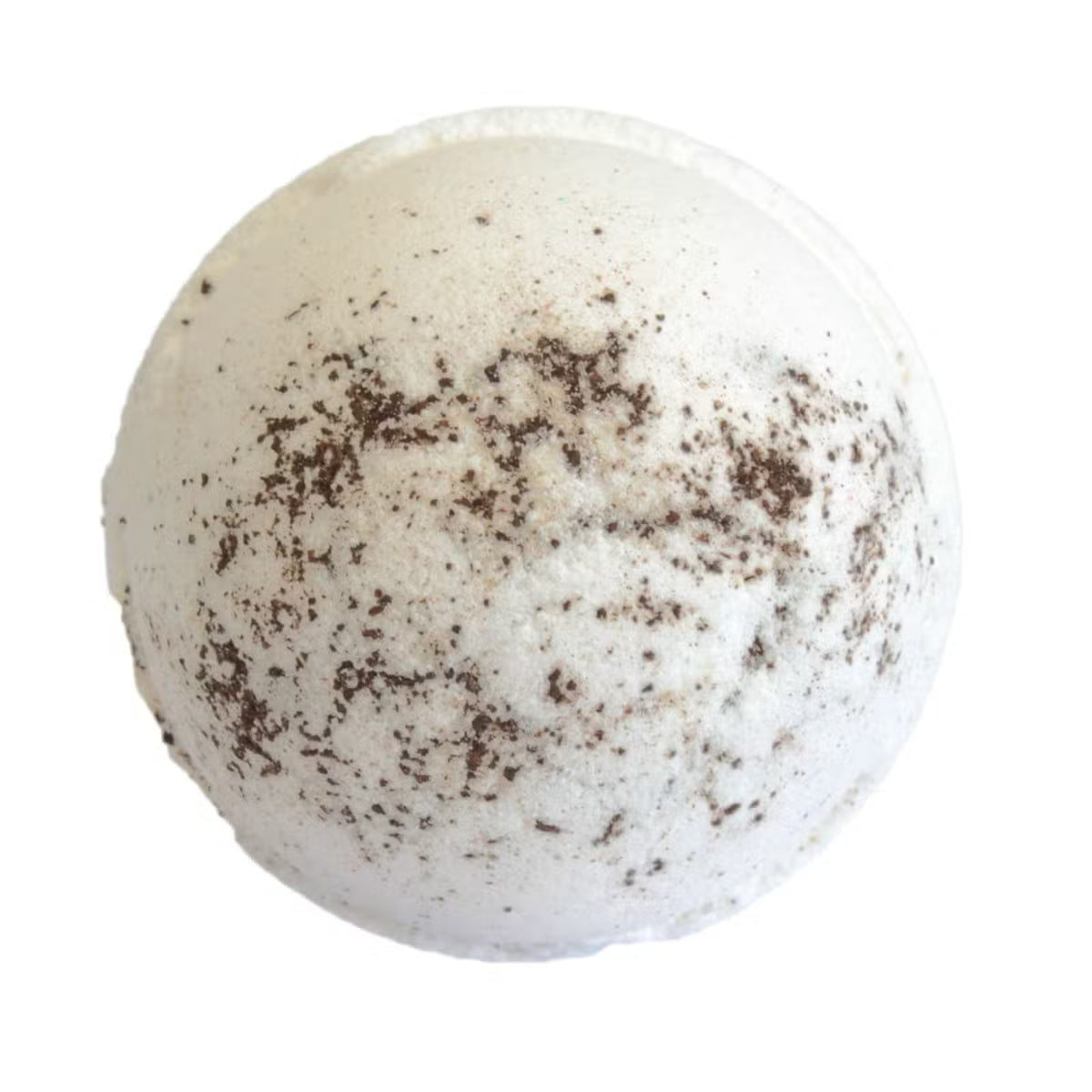 White Shaken not Stirred martini bath bomb with dark coffee grounds on white background