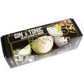 Gin and Tonic cocktail bath bomb set of three in black gift box showing green white and cream bath bombs