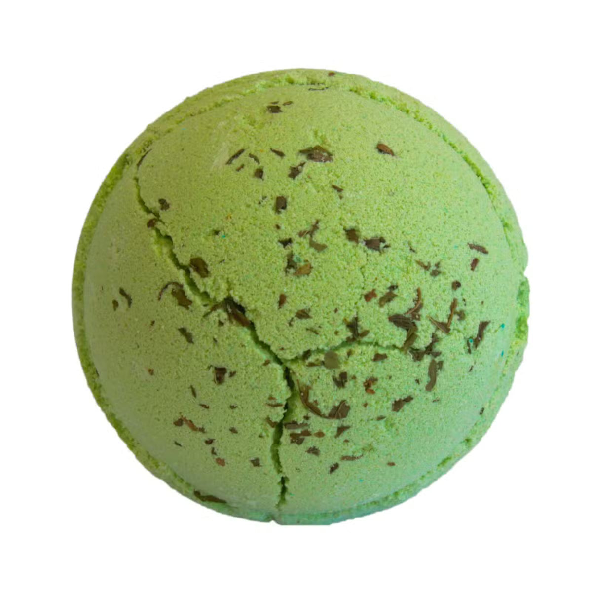 Green mojito bath bomb with dried mint leaf flecks on white background