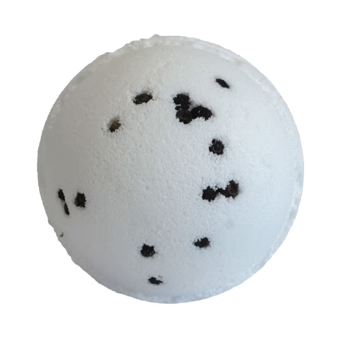 White gin and tonic bath bomb with black peppercorn specks on white background