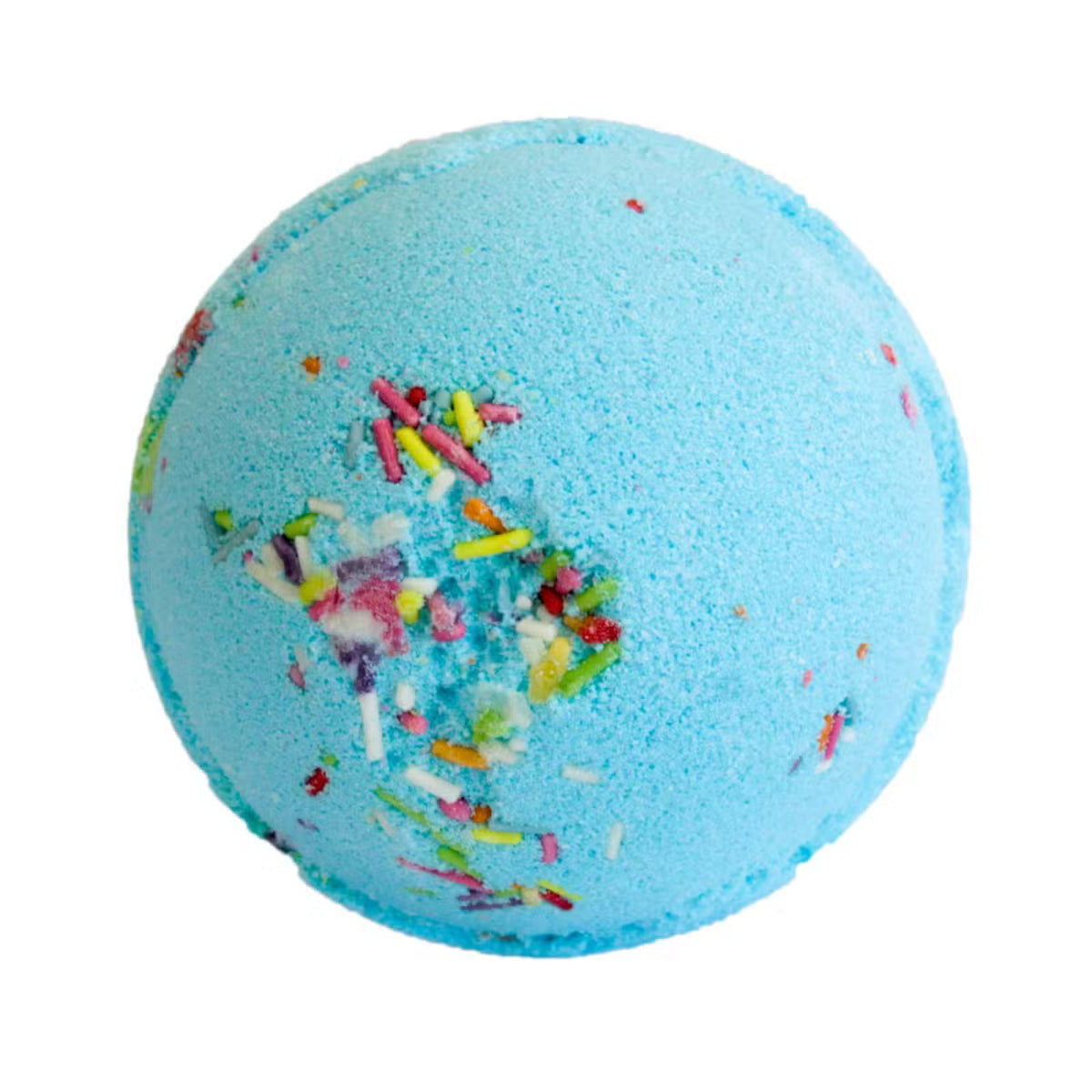  Blue margarita bath bomb with rainbow sugar sprinkle decoration on white background