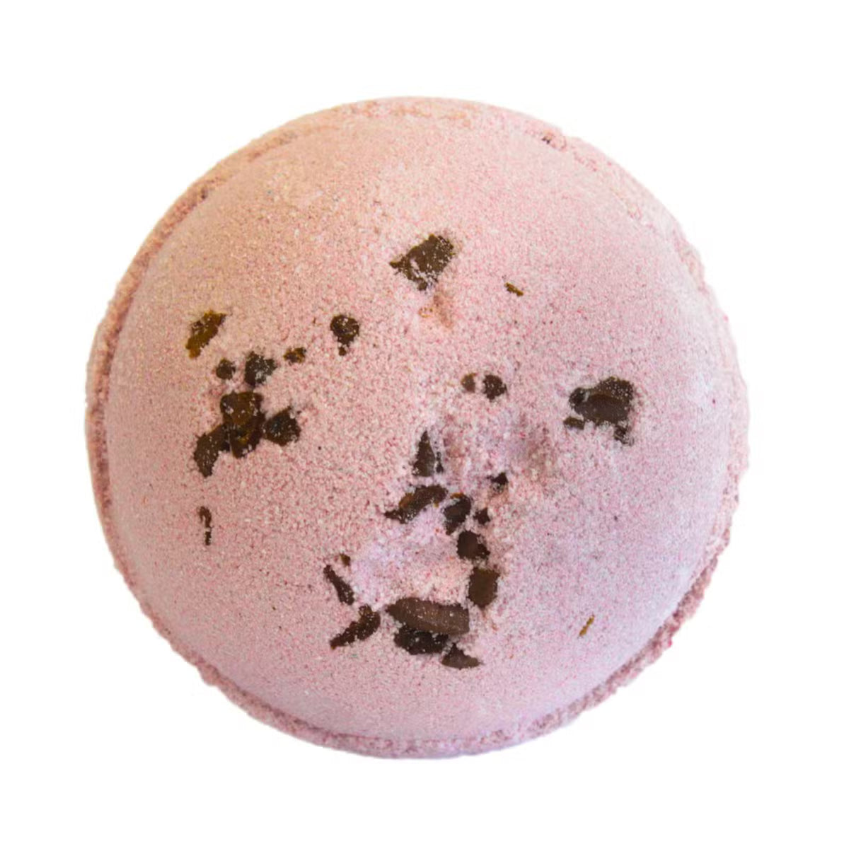 Pink Espresso Martini bath bomb with dark coffee flecks on white background