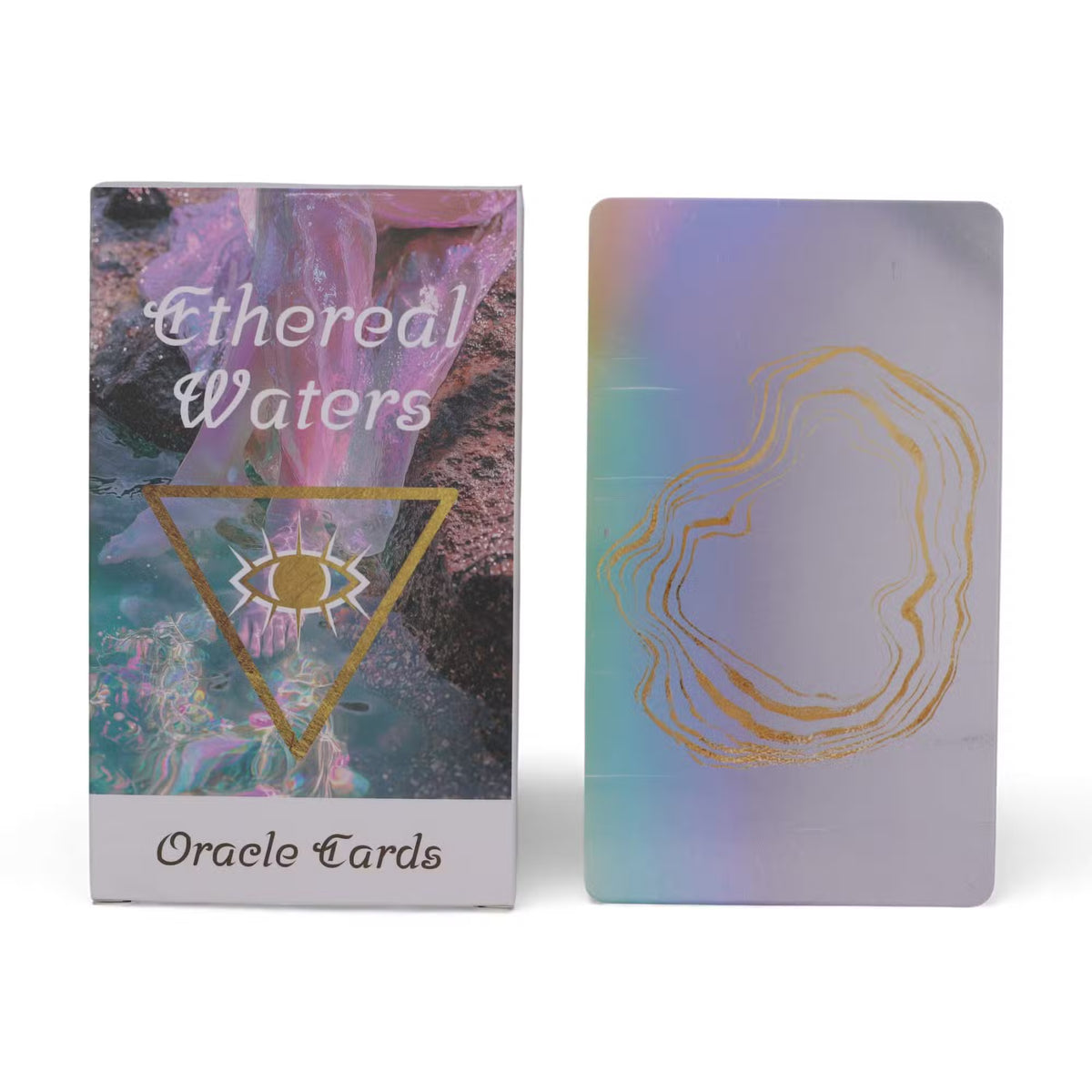 Oracle Cards box and holographic card back with gold shell design on white background