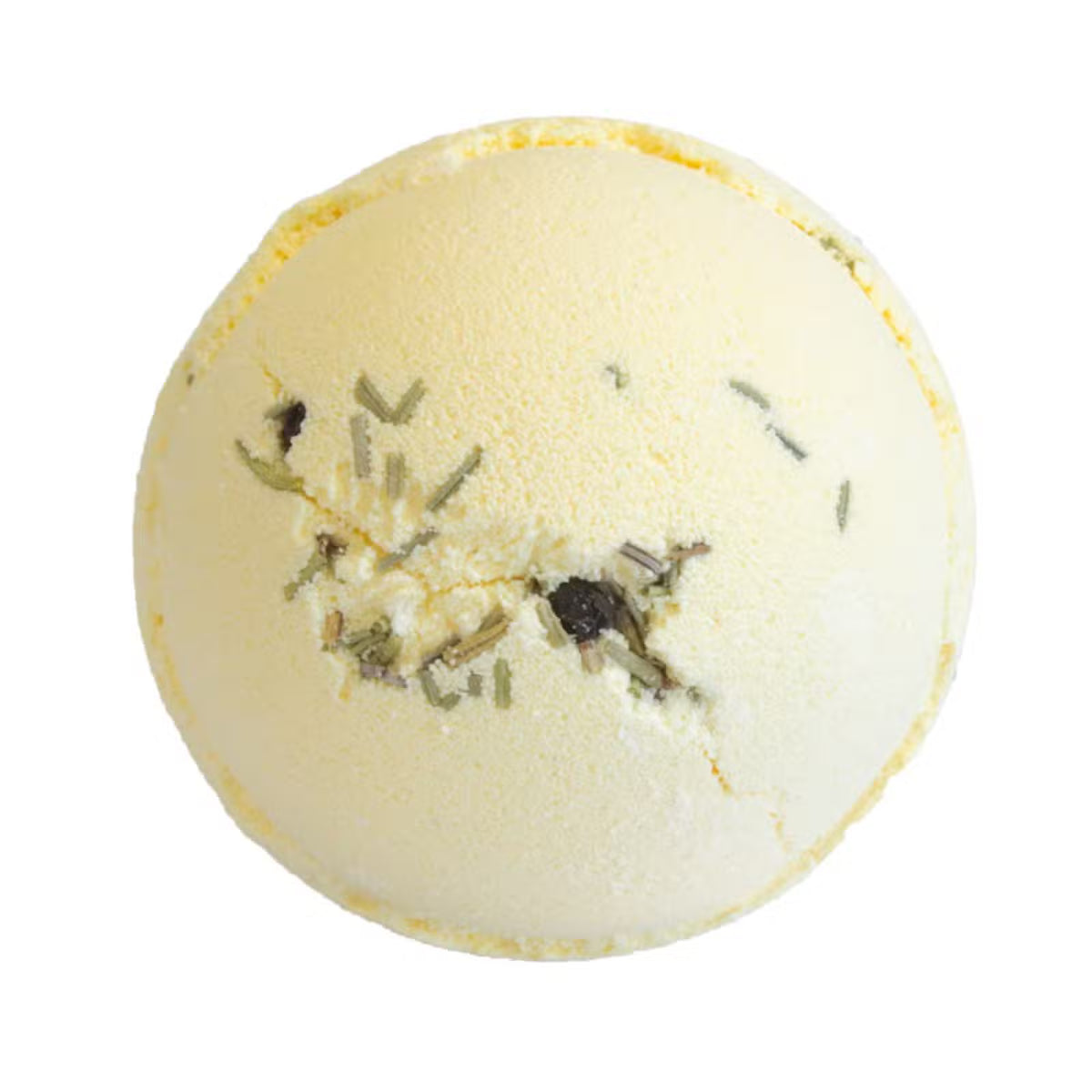 Cream gin and tonic with lime bath bomb with dried rosemary flecks on white background