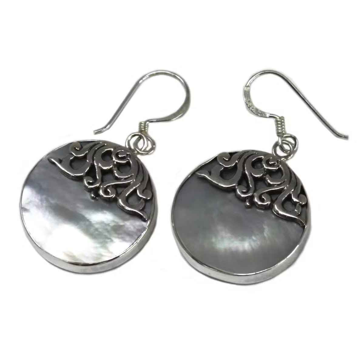 Classic MOP disc earrings close up, 925 sterling silver shell jewellery