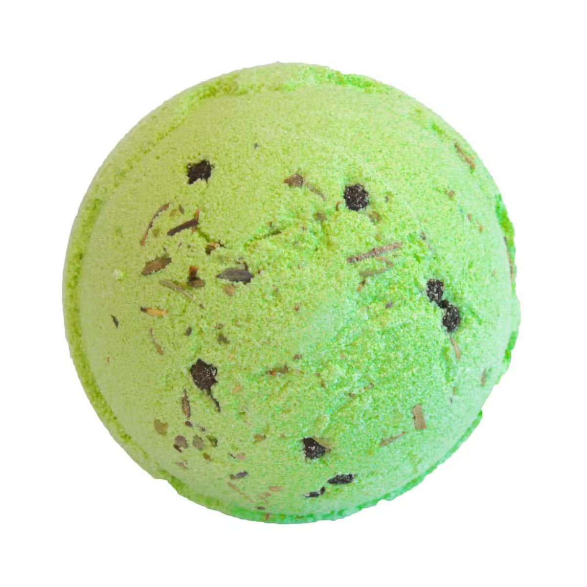 Green gin and tonic with cucumber bath bomb with herb flecks on white background