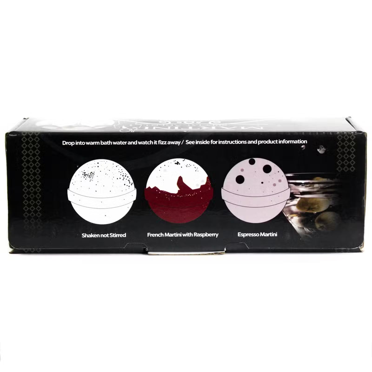 Back of Martini Special Agent bath bomb gift box showing three varieties Shaken not Stirred French Martini with Raspberry and Espresso Martini