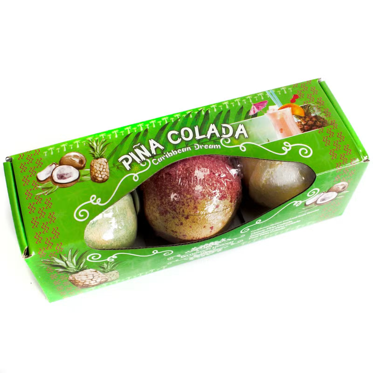 Piña Colada Caribbean Dream cocktail bath bomb set of three in green gift box showing cream pink and olive bath bombs with coconut and pineapple artwork