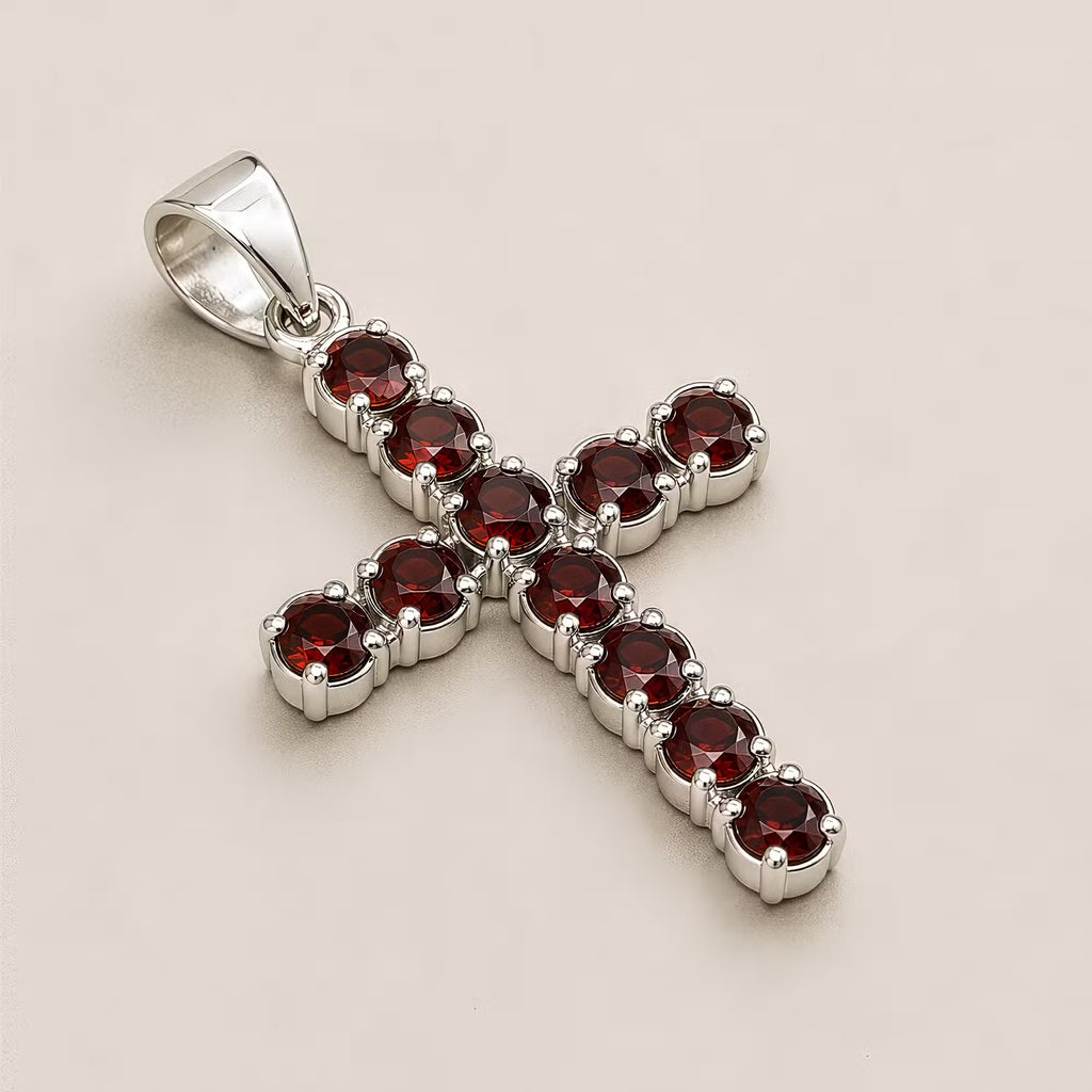

Garnet crucifix pendant necklace, silver plated, gemstone cross jewellery