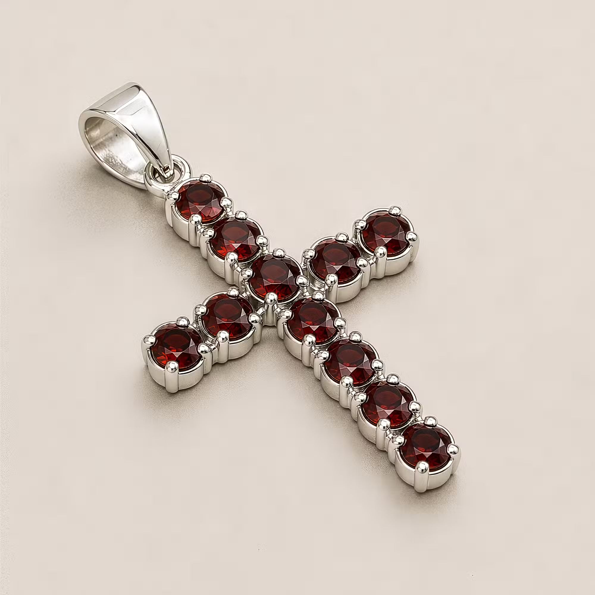 Garnet Crucifix Pendant Necklace | Silver Plated 45cm Chain