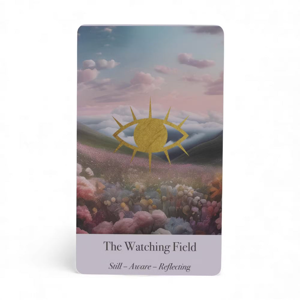 The Watching Field oracle card with gold all-seeing eye over floral meadow — Still Aware Reflecting