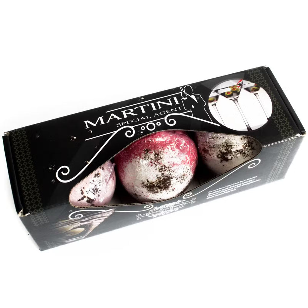 Martini Special Agent cocktail bath bomb set of three in black gift box showing pink and white bath bombs with coffee flecks