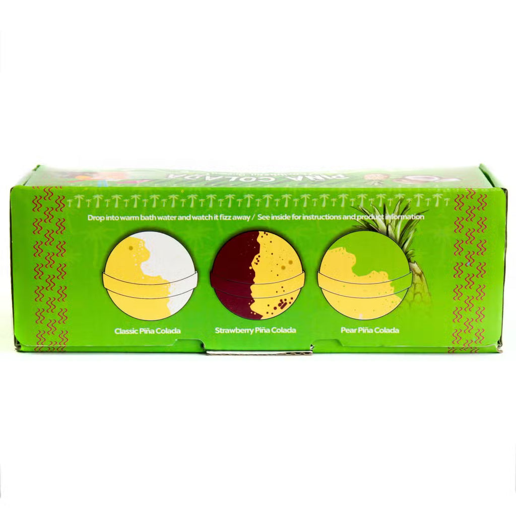 Back of Piña Colada Caribbean Dream bath bomb gift box showing three varieties Classic Piña Colada Strawberry Piña Colada and Pear Piña Colada