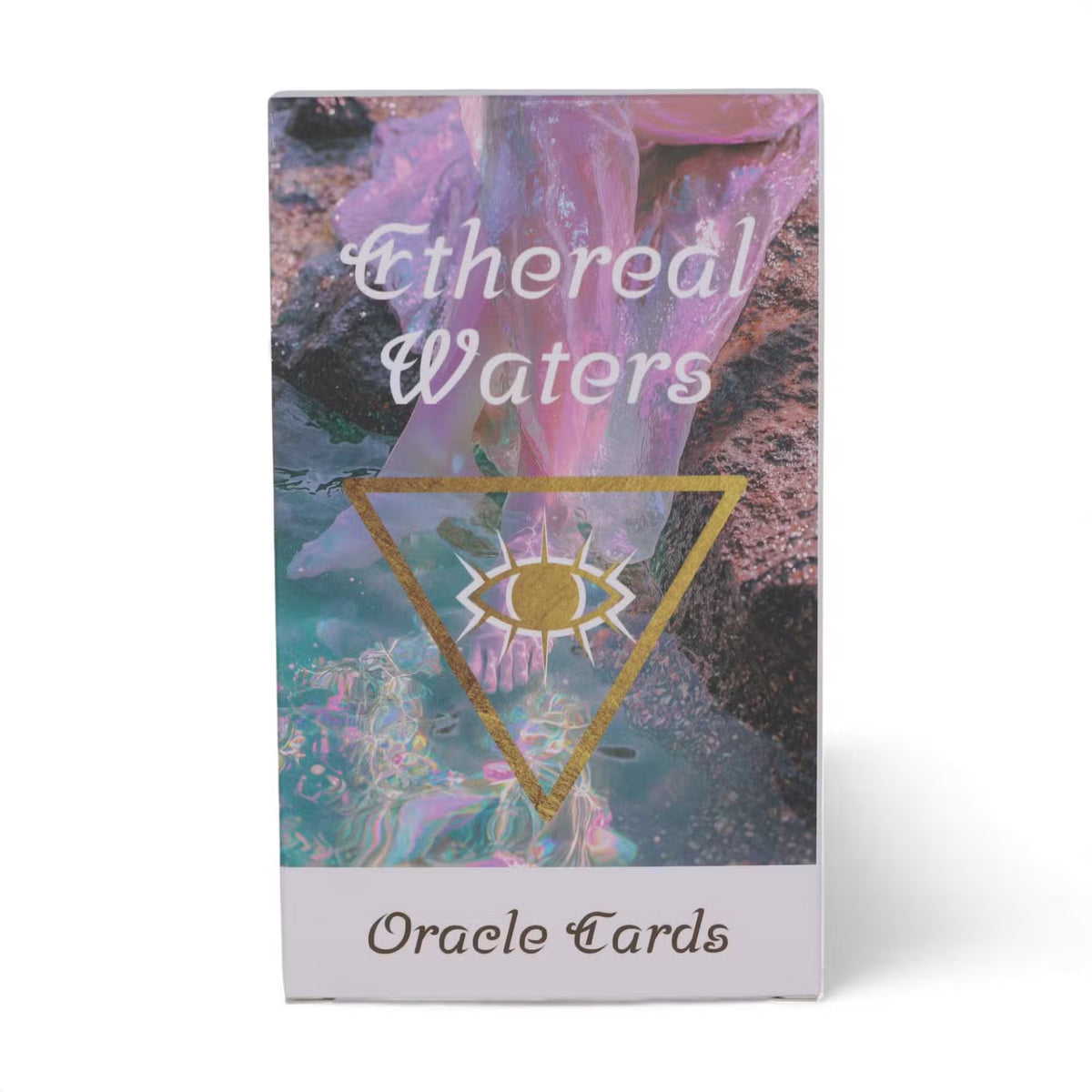 Ethereal Waters Oracle Cards box front with gold eye triangle symbol and water goddess imagery