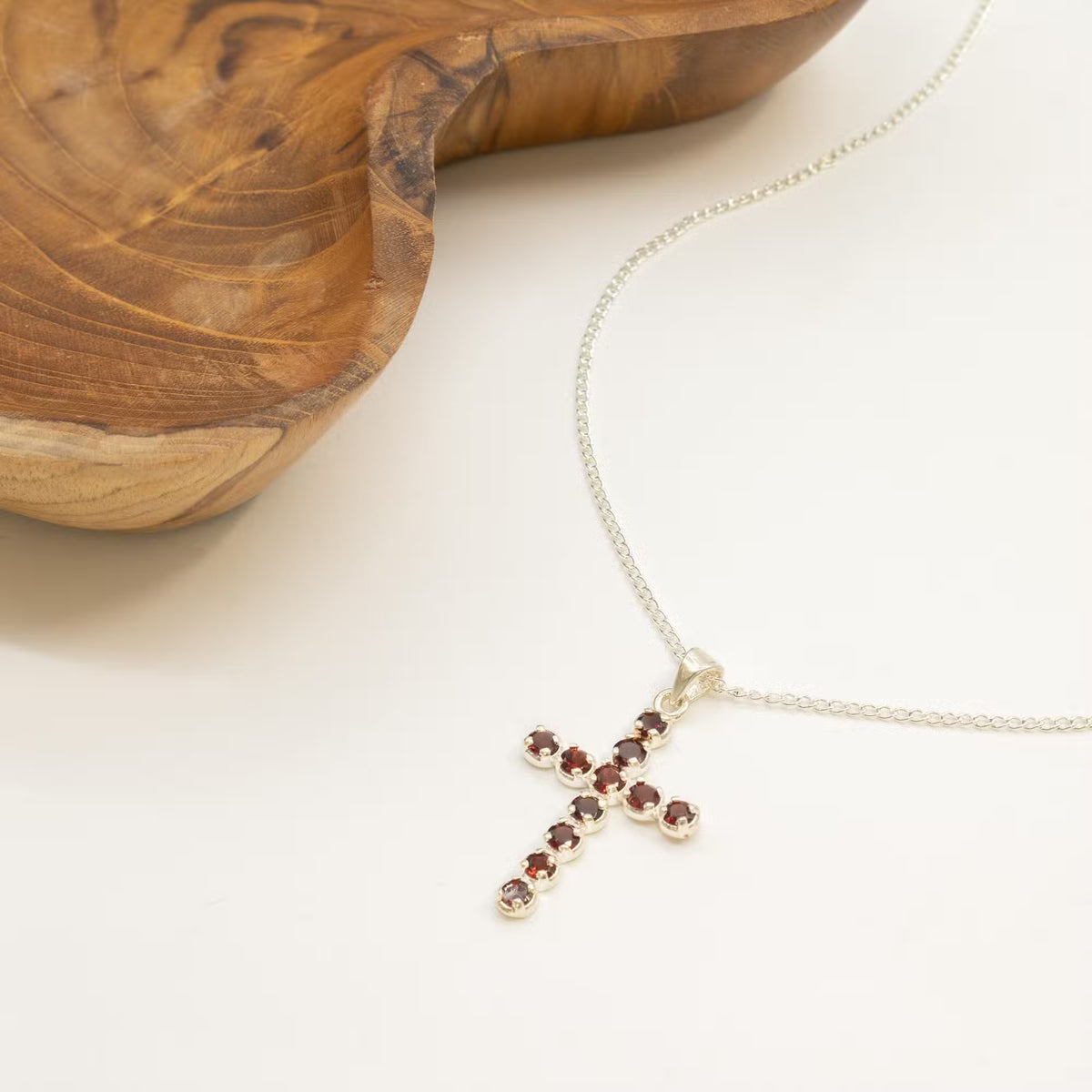 Garnet crucifix necklace on 45cm chain, spiritual gift jewellery