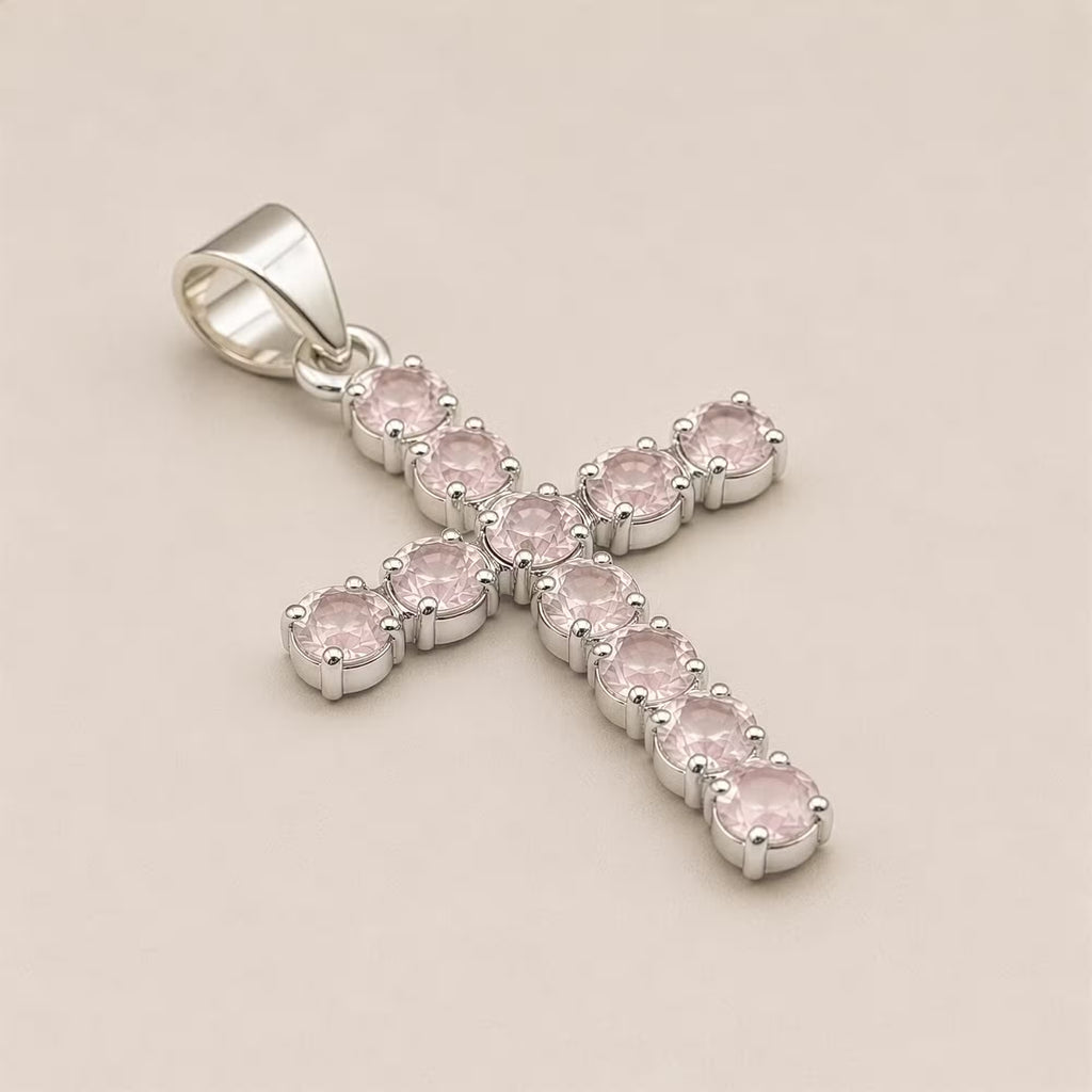 Rose quartz crucifix pendant necklace, silver plated on 45cm chain, spiritual gemstone jewellery