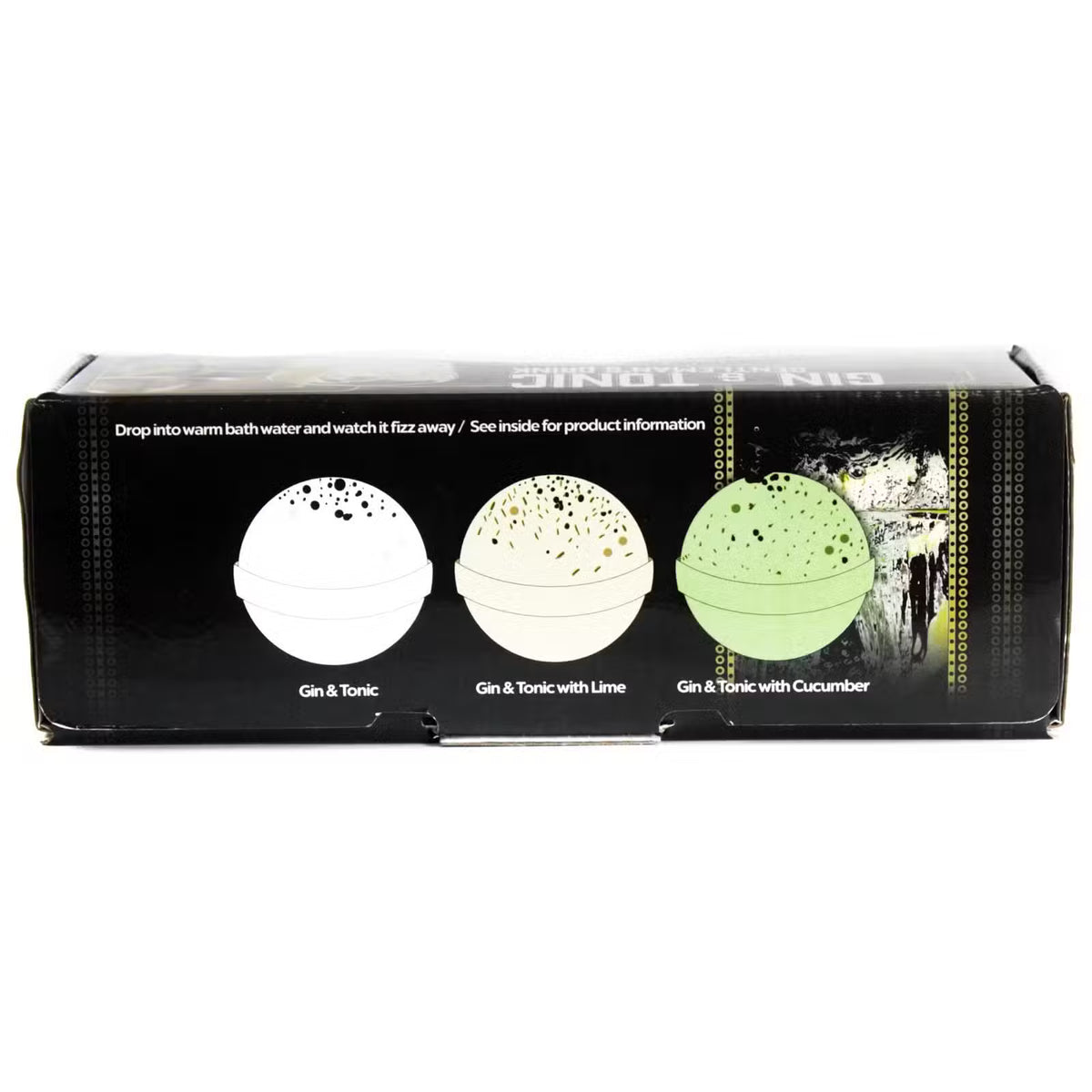 Back of Gin and Tonic bath bomb gift box showing three varieties Gin and Tonic Gin and Tonic with Lime and Gin and Tonic with Cucumber