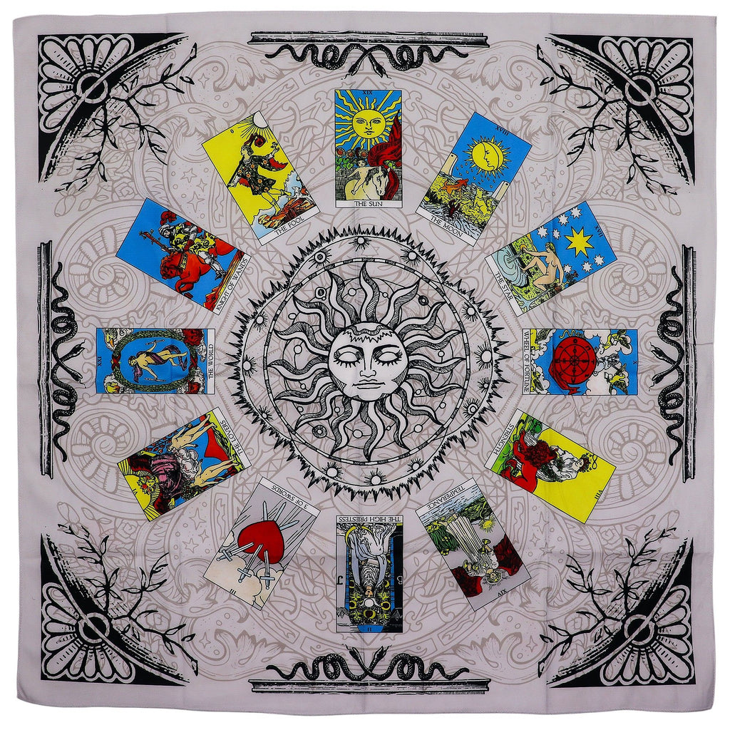  Tree of Life tarot reading cloth black white mandala design cards laid out