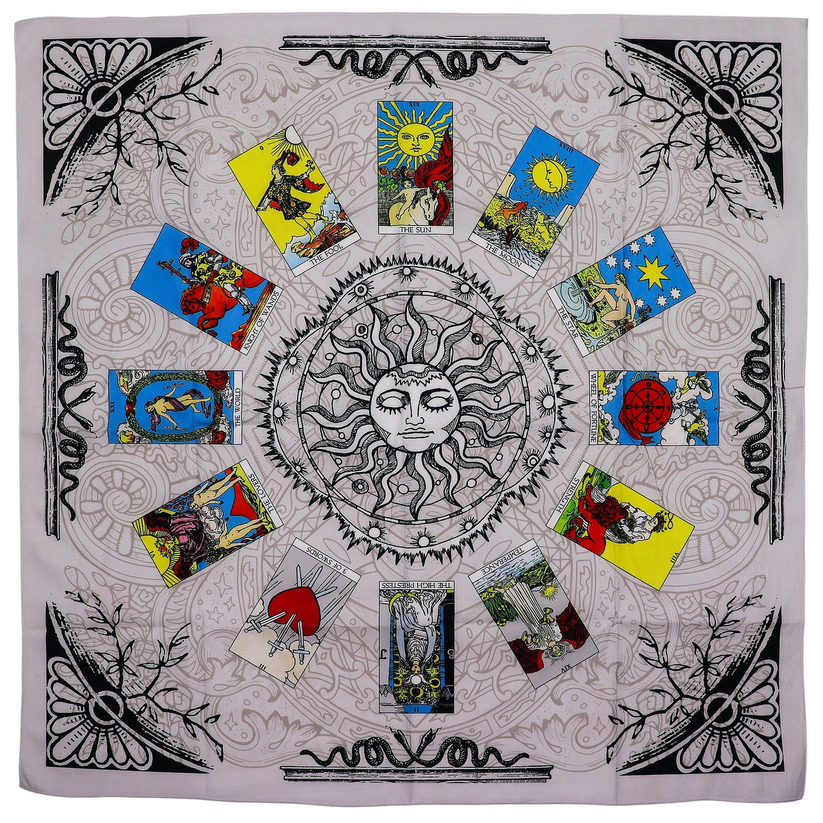  Tree of Life tarot reading cloth black white mandala design cards laid out
