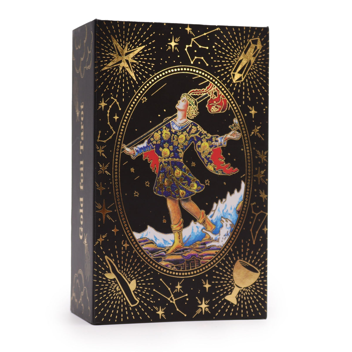  Let the Magic Begin Gold Foil Tarot Set black box with The Fool celestial gold artwork front view UK