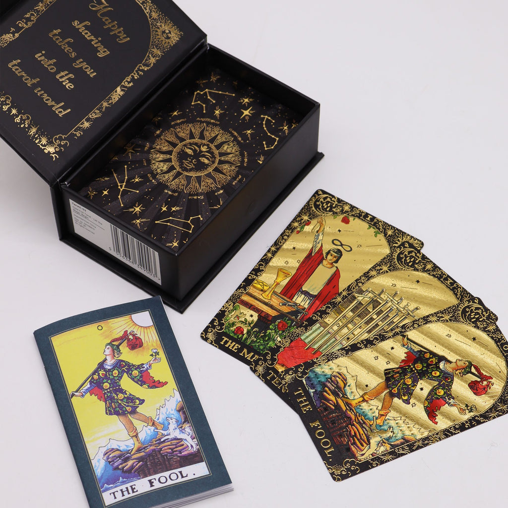 Let the Magic Begin Gold Foil Tarot Set open magnetic gift box with cards and guidebook UK
