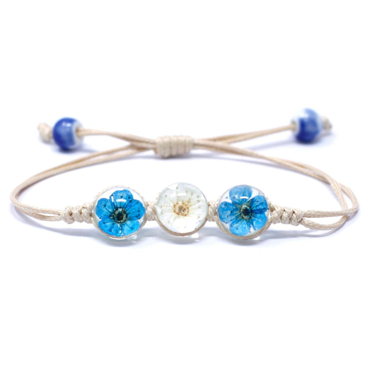 Tri-flower pressed flower bracelet side view botanical resin bracelet gift