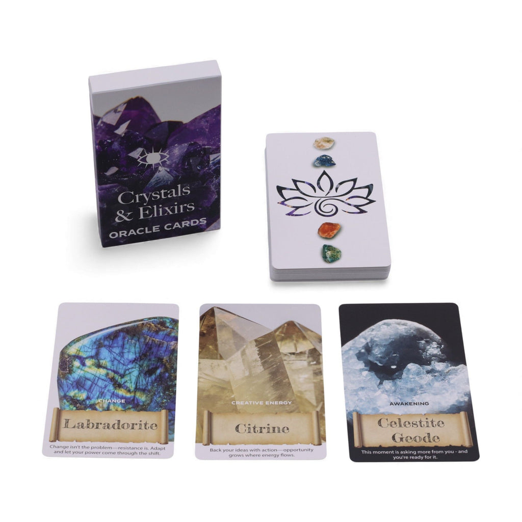 Crystals & Elixirs oracle cards box with cards fanned out purple