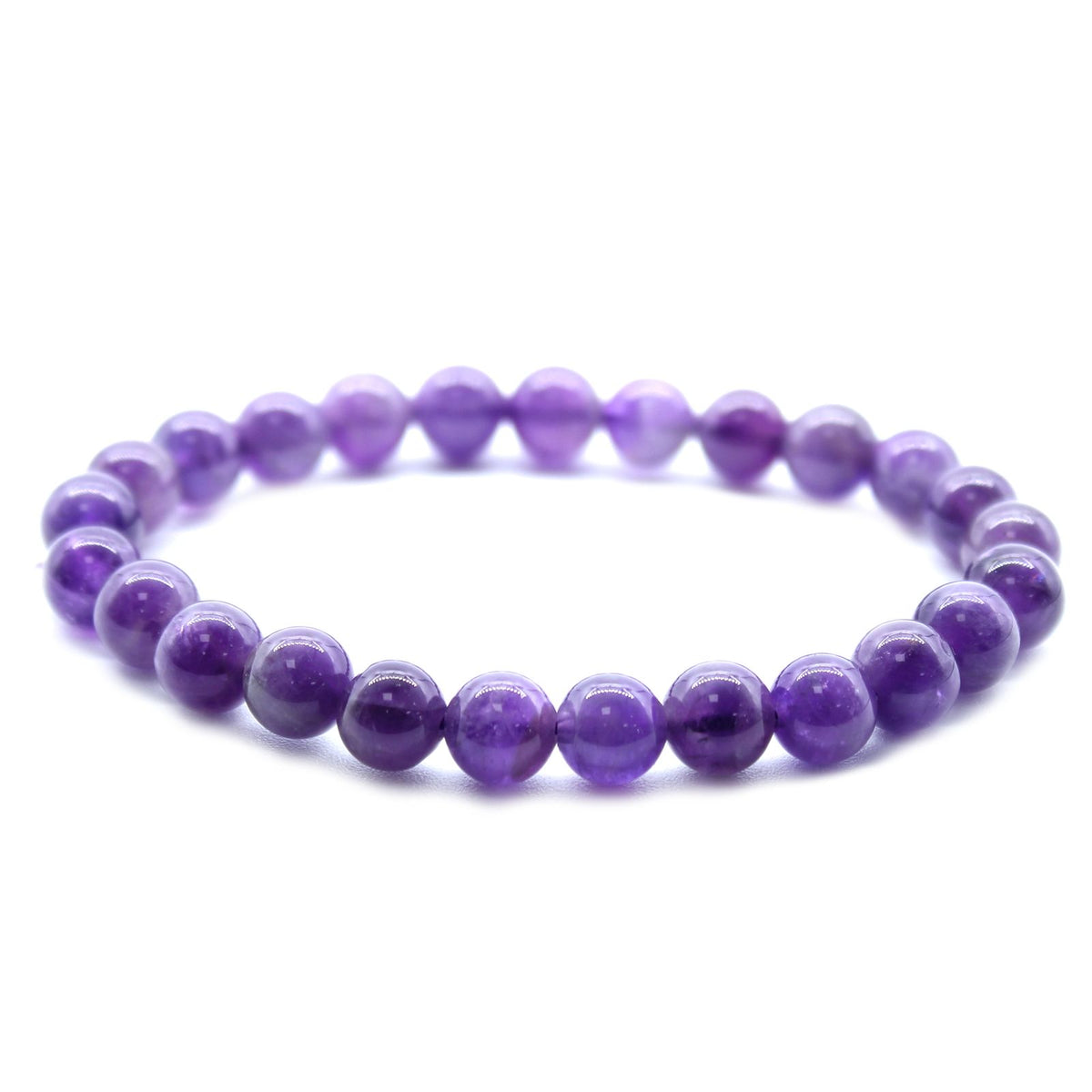 Amethyst bead stretch bracelet shown on a white background