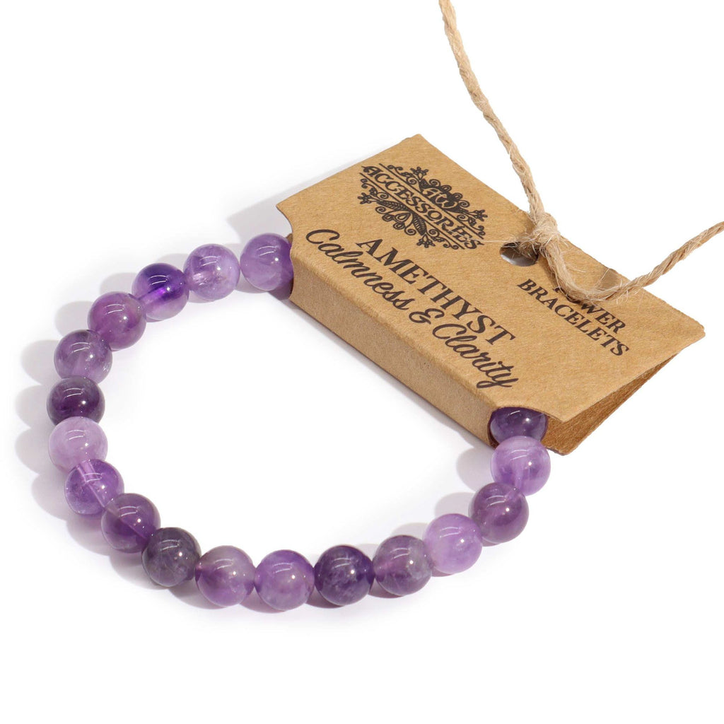 Amethyst bead stretch bracelet with a kraft product tag