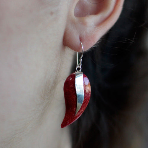Mango design coral resin earrings close up, sterling silver hook earrings