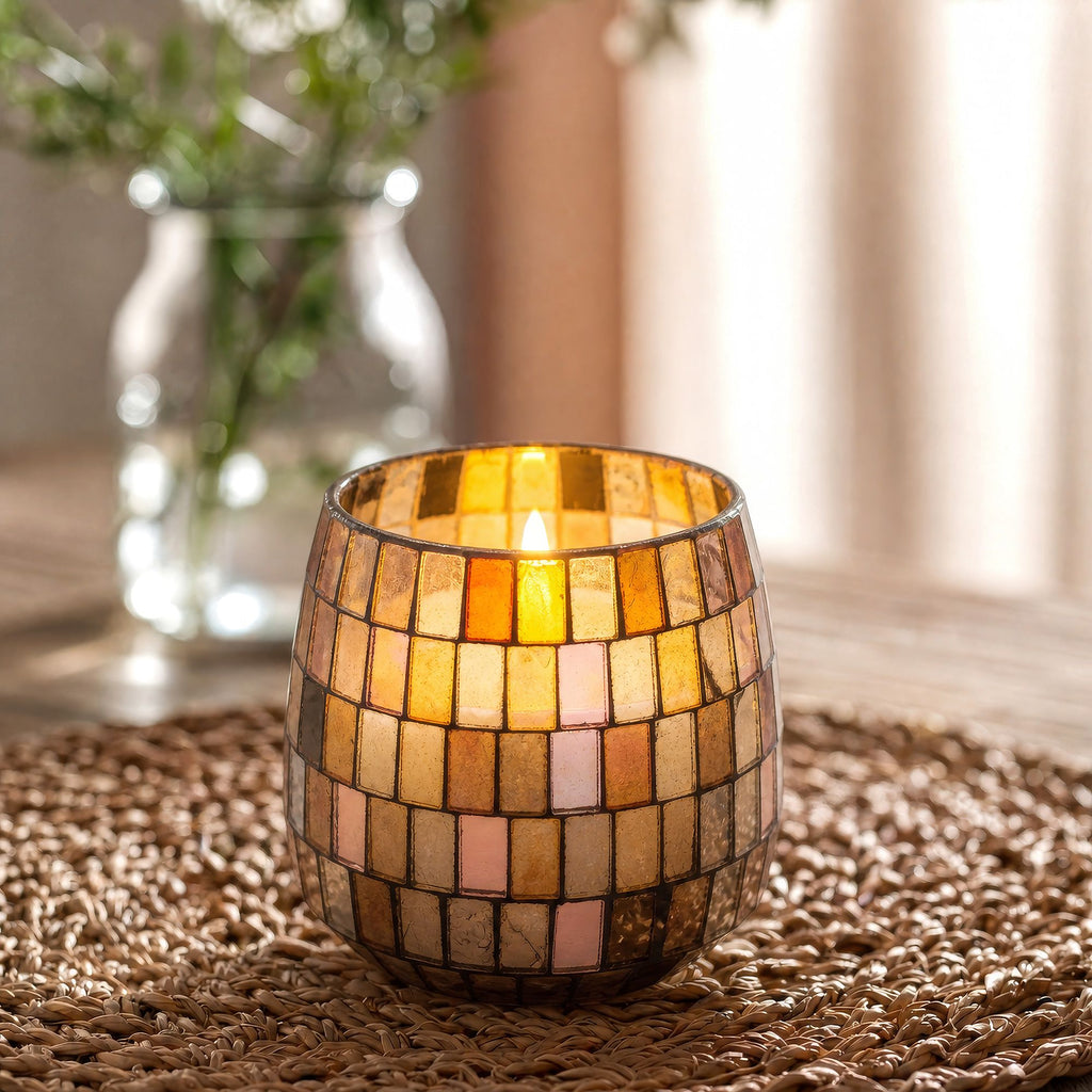 Amber Mosaic Medium Glass Jar Candle | Warm Golden Mosaic Design