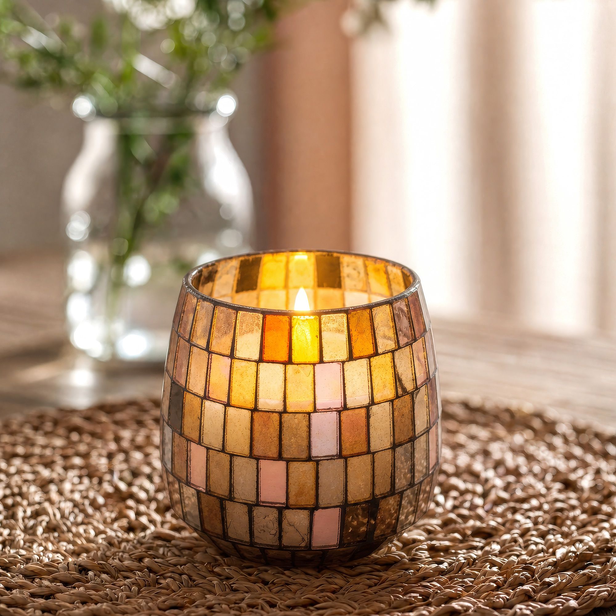 Amber Mosaic Medium Glass Jar Candle | Warm Golden Mosaic Design