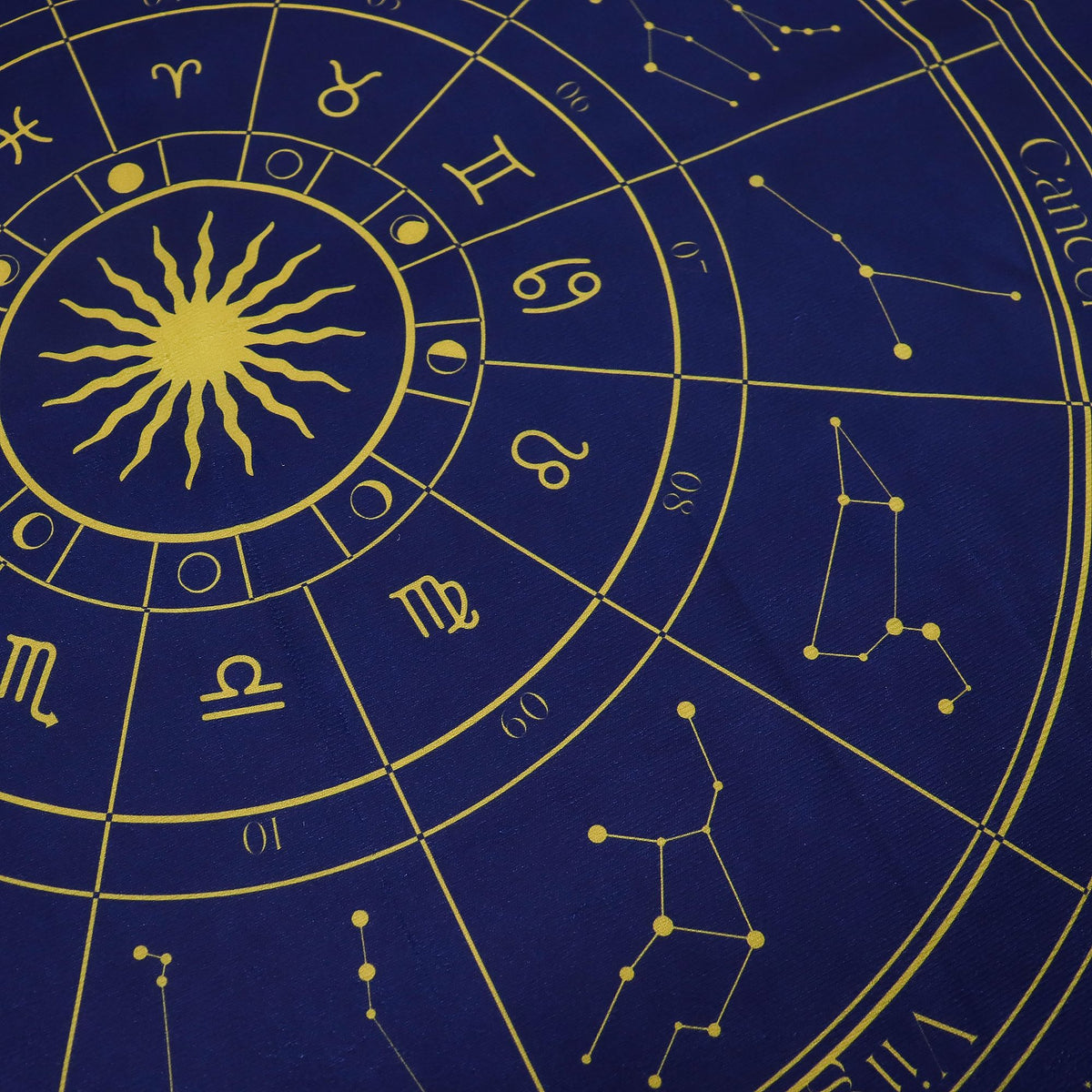 Zodiac tarot cloth flat lay full spread view celestial star signs gold print