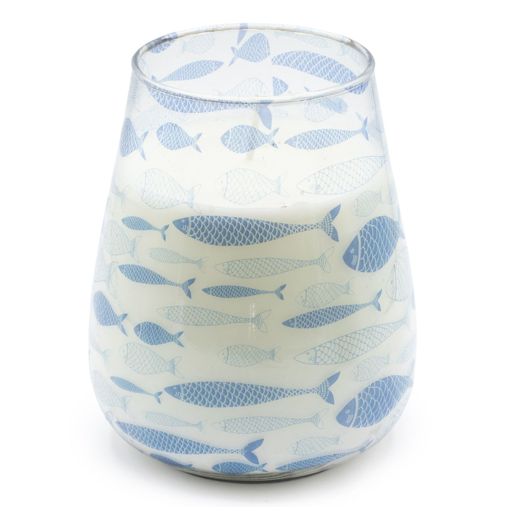 Seabreeze Tall Glass Jar Candle | Coastal Blue Fish Design