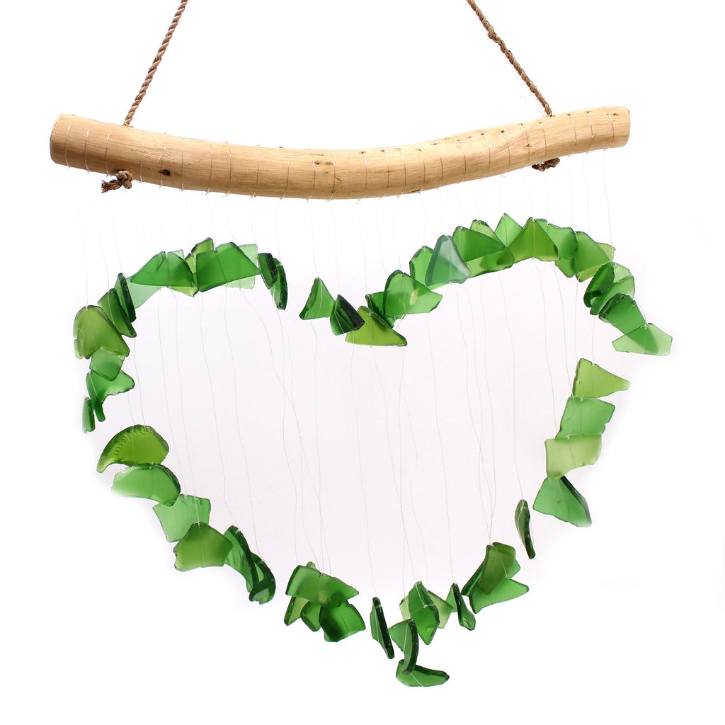 Green Glass Heart Wind Chime | Handcrafted Garden Decoration Gift