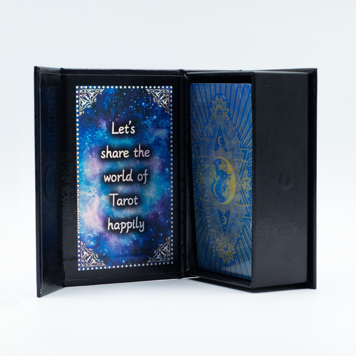 Moon Face Tarot card set open box with guidebook blue foil premium cardstock