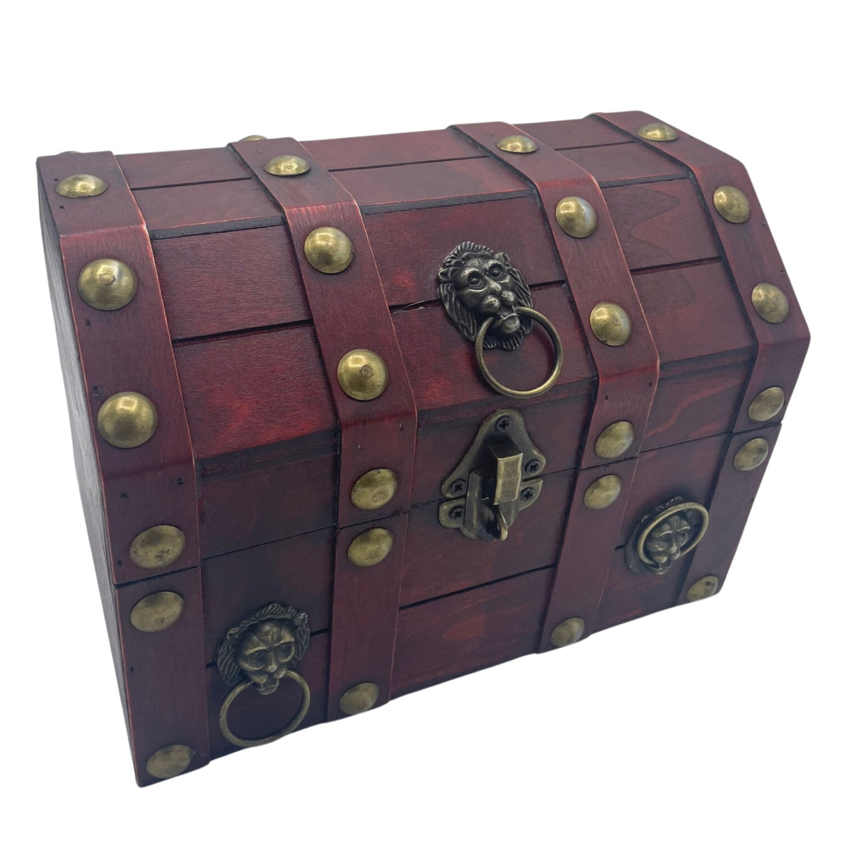 Large wooden treasure chest side angle view brass fittings vintage keepsake storage box