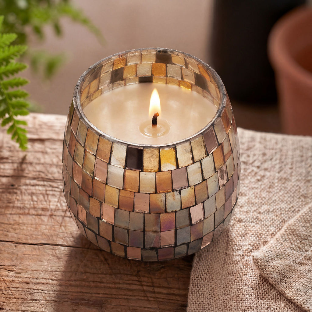 Amber Mosaic Medium Glass Jar Candle | Warm Golden Mosaic Design