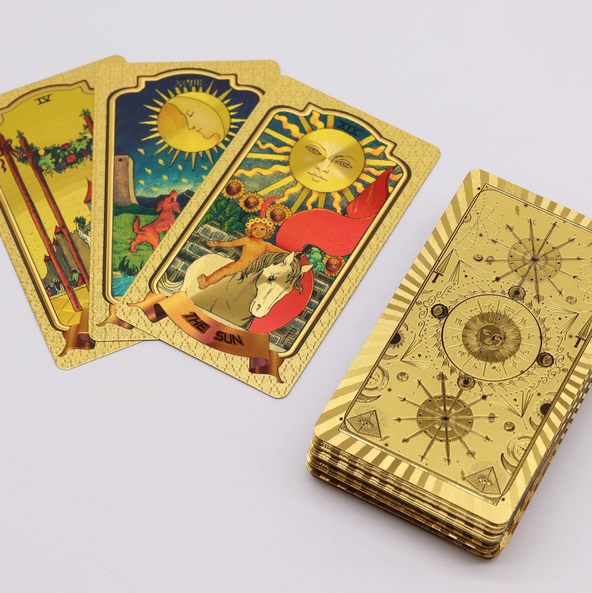 Golden Tarot Card Deck cards fanned out gold foil detail luxury tarot UK