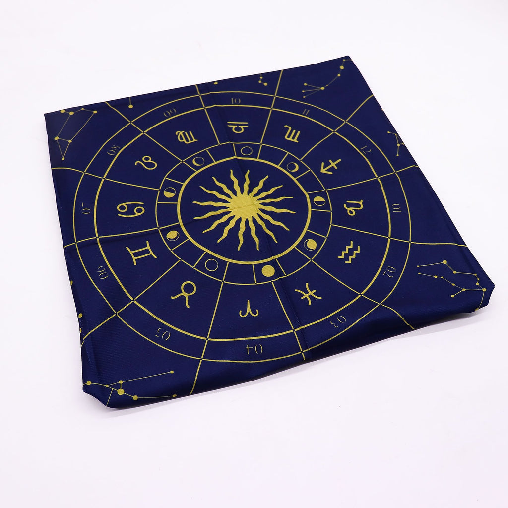 Zodiac cloth close-up gold sun centre constellation detail polyester