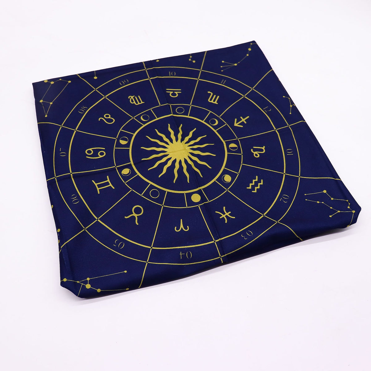 Zodiac cloth close-up gold sun centre constellation detail polyester