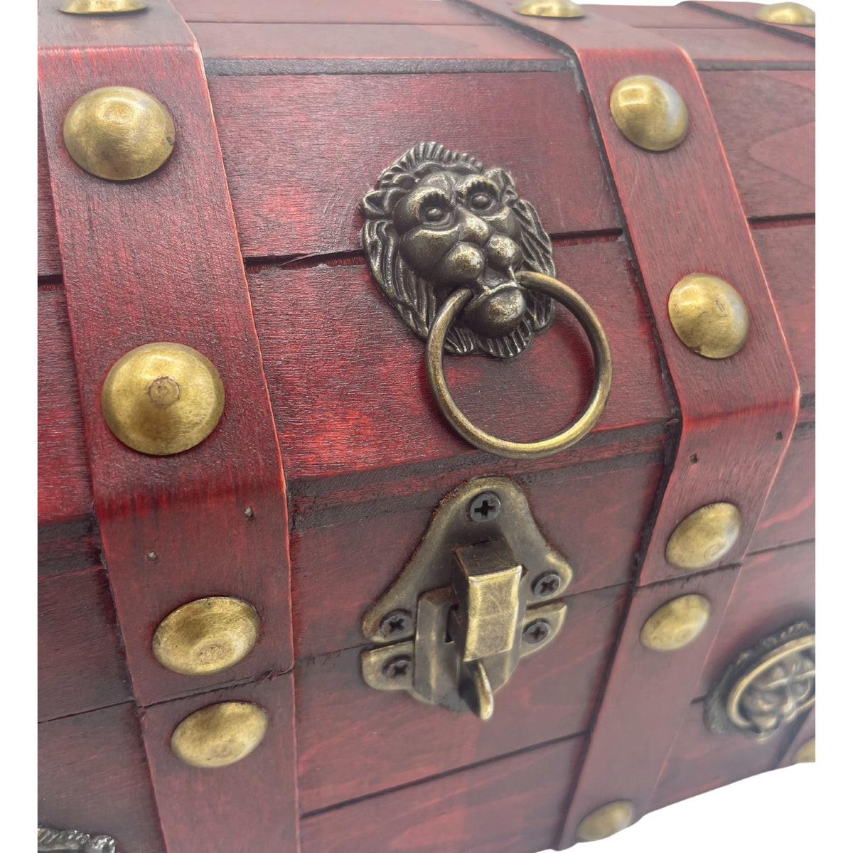 Large wooden treasure chest with brass lion head ring lock vintage decorative storage box