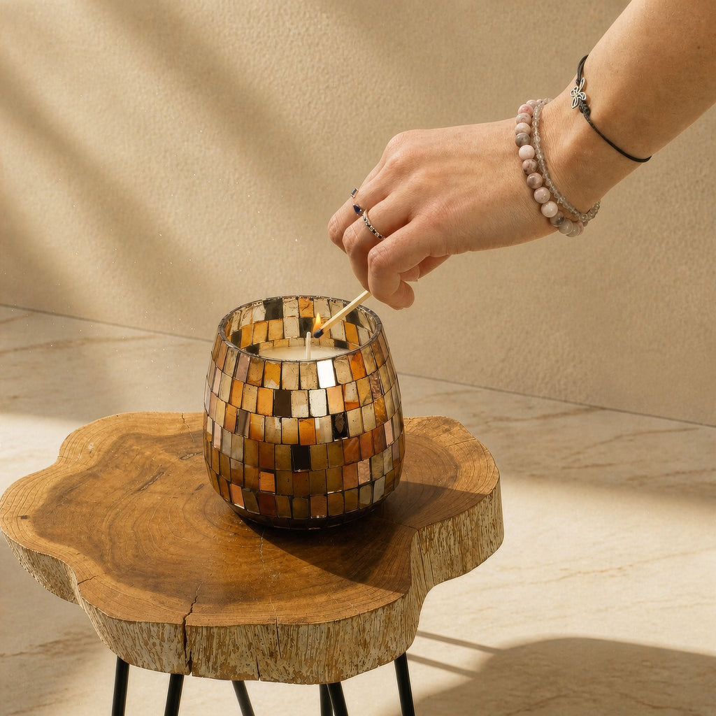 Amber Mosaic Medium Glass Jar Candle | Warm Golden Mosaic Design