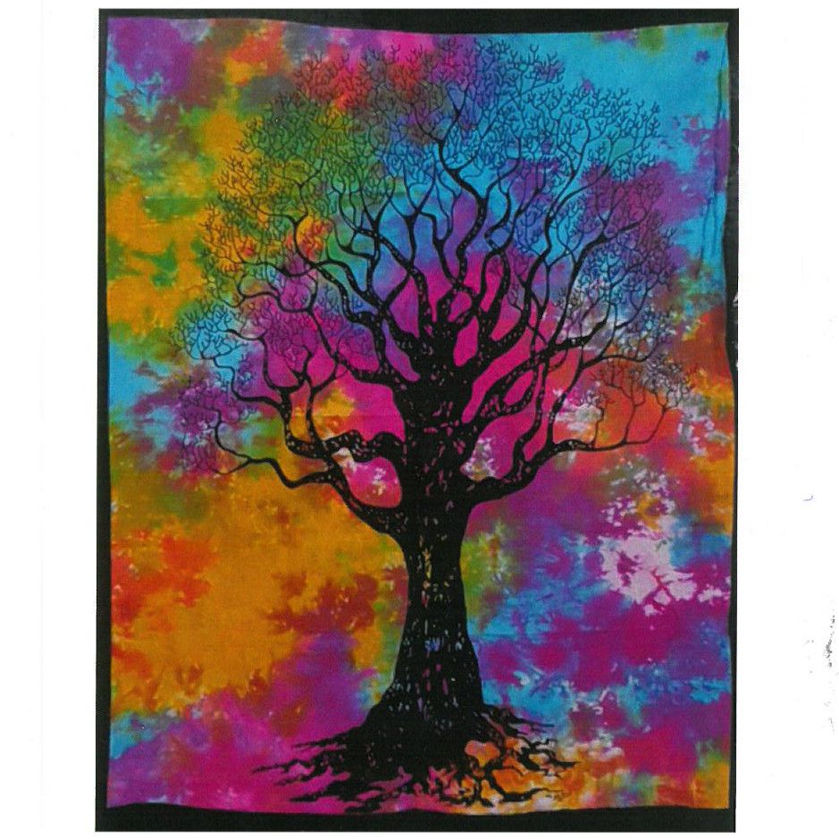 Tree of Strength cotton wall hanging rainbow tie-dye symbolic Indian art 78x112cm