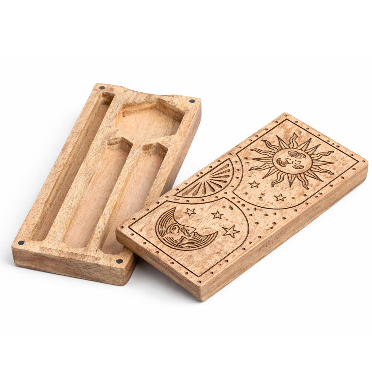 Sun moon crystal box close up carved detail celestial wooden trinket jewellery box